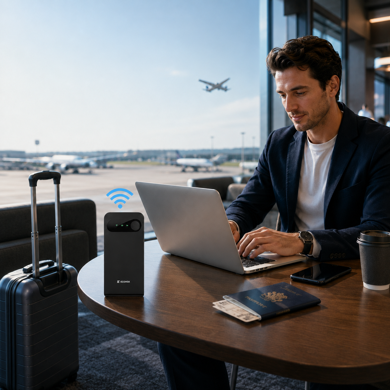 Business traveler using OmniBound Ultra in an airport lounge