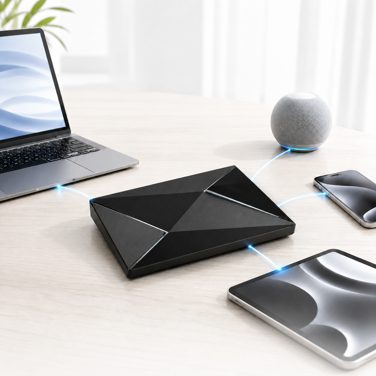 OmniBound Ultra smart home hub on a modern cabinet